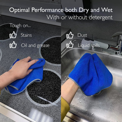 Blue microfiber cleaning cloths, 16x16 inches, reusable, used on stove top and kitchen sink