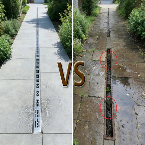 Heavy Duty 304 Stainless Steel Trench Drain Kit With Grid Grate And Coupling For Outdoor Pool Deck Driveway Or Garage comparison of water drainage.