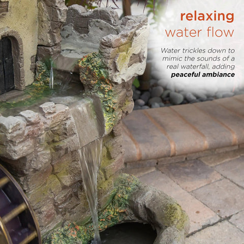 Outdoor Floor Tiered Fairy Castle Waterwheel Fountain With Realistic Stone Look Brown Finish, Includes Internal Pump For Quick Plug In Setup, Chill Water Flow For Yard, Patio, Or Garden Decor shown with water flowing