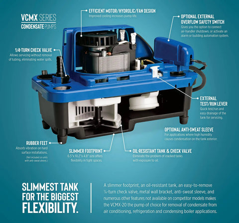 High Efficiency Condensate Removal Pump For HVAC And Dehumidifiers 84 GPH 115 Volt One Thirtieth Horsepower With Six Foot Power Cord No Safety Switch Blue Plug And Play For AC Units Boilers And Furnaces