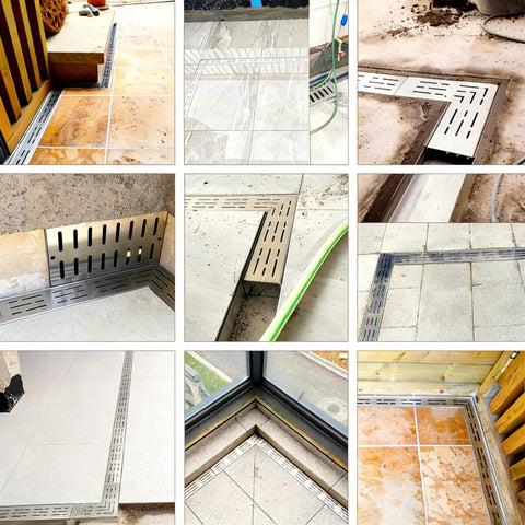 Heavy Duty 304 Stainless Steel Trench Drain Kit With Grid Grate And Coupling For Outdoor Pool Deck Driveway Or Garage Hella Tough Rust Proof Build in various installation angles.