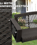 Close-up of 3 Person Porch Swing Bench Wicker Outdoor Hanging Chair's handwoven brown rattan detailing in garden setting.