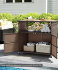Sturdy Outdoor Storage Cabinet on wheels, open doors, acacia wood and PE rattan finish, by poolside, shows internal shelves and items.