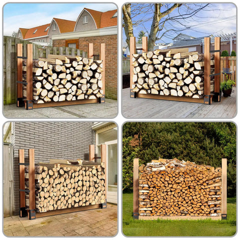 Adjustable Firewood Rack Set Of 4 For Outdoor And Indoor Use Heavy Duty Steel Log Stacking Stand Brackets in use outdoors