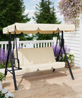 Outdoor Porch Swing With Adjustable Canopy, 3 Seat Patio Swing On A Sturdy Stand For Adults, set on wooden deck with gardens