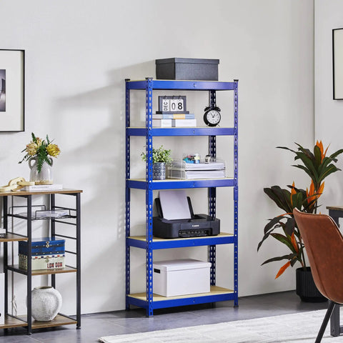 Heavy Duty 3 Pack 5 Tier Metal Storage Shelves For Garage Featuring Fully Adjustable Modular Frame In Bright Blue with storage items.