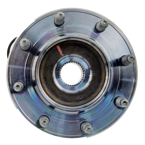 Premium Front Wheel Hub And Bearing Assembly With Wheel Speed Sensor and Wheel Studs, visible mounting holes and high carbon steel finish.