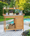 Outdoor Garden Potting Bench With Wood Tabletop And Open Shelf Cabinet Drawer Dope Fir Wood Workstation for gardening
