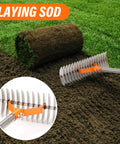 62 Inch Adjustable Thatch Rake With 19 Tines Nickel Steel For Lawn Dethatching And Soil Aeration shown laying sod on lawn