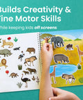 Child placing stickers in Totally Awesome Animal Habitats Sticker Book, showcasing vibrant animal decals and nature scenes.
