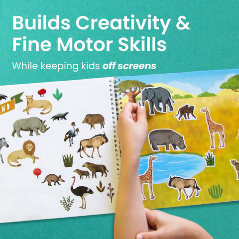 Child placing stickers in Totally Awesome Animal Habitats Sticker Book, showcasing vibrant animal decals and nature scenes.