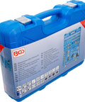 Master Grade 150 Piece Socket Set With Quarter Inch And Half Inch Drives featuring a blue molded plastic case.