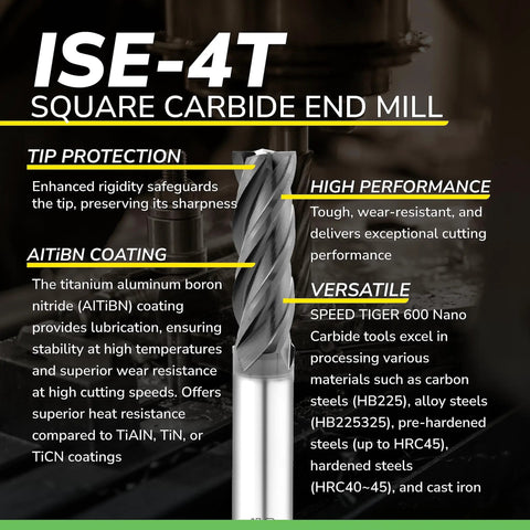 ISE-4T square carbide end mill with tip protection and AlTiBN coating for hardened steels