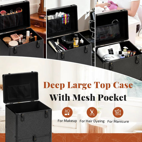 Ro ad Ready Roller Makeup Train Case With Three Spacious Drawers For Salon Pros And Grooming Artists Features Smooth Pivot Wheels And Tough Cosmetics Hauler Cart with tools and compartments.