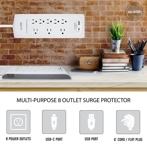 25 Foot USB C And USB A Surge Protector Power Strip With 8 Outlets 4200 Joules Heavy Duty Overload Protection Flat Plug