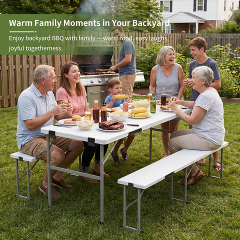 People gathered around picnic table set with 2 benches, 6 feet folding camping table and chairs, wood grain top, in a backyard setting.