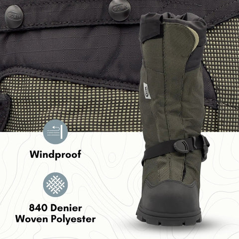 Rugged 840 Denier Waterproof Winter Boots With Heavy Foam Insulation And 32 Replaceable Ice Cleats For Kickass Traction On Frozen Trails Built Different To Slay Deep Snow Adventures XL Size, showing windproof top and 840 denier woven polyester.