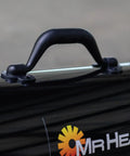 Close-up of handle on 125,000 BTU Forced Air Propane Space Heater with 10 ft hose and regulator for workshops and job sites