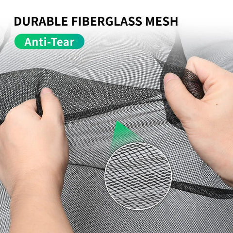Hands stretching durable fiberglass mesh of Garage Door Screen For 2 Car Garage With Magnetic Closure And Heavy Duty Weighted Bottom.