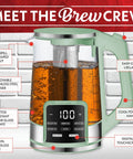 Electric Glass Kettle With 1.7L Capacity, Programmable Tea And Coffee Brewer, 6 Easy To Use Presets, Digital Touch Display, Removable Stainless Steel Infuser, Cordless 360 Degree Swivel Base, Green shown with features labeled on image