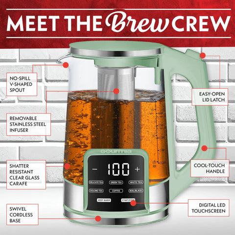 Electric Glass Kettle With 1.7L Capacity, Programmable Tea And Coffee Brewer, 6 Easy To Use Presets, Digital Touch Display, Removable Stainless Steel Infuser, Cordless 360 Degree Swivel Base, Green shown with features labeled on image