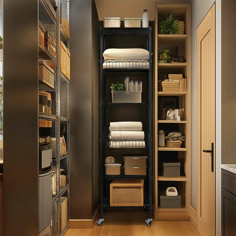 Heavy Duty 6 Tier Wire Shelving Unit Rolls Flat On Smooth Casters, 18X18X72 Inch Adjustable Black Metal Rack, sick storage in a kitchen.