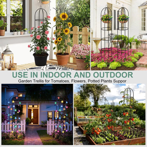 Collage of Obelisk Garden Trellis 6.6 Ft Tall Metal Plant Support For Climbing Vines with flowers and vegetables in various settings.