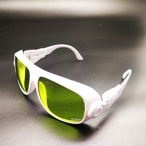 Pro Level Rugged Laser Safety Goggles With Universal EP Replacement Lenses For UV And Fiber Laser Protection, white frame, green lenses.
