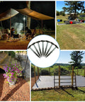 Collage of 50 Pack Four Point Three Inch Plastic Garden Stakes For Weed Barrier And Landscape Edging Ground Anchors shown in various outdoor setups.