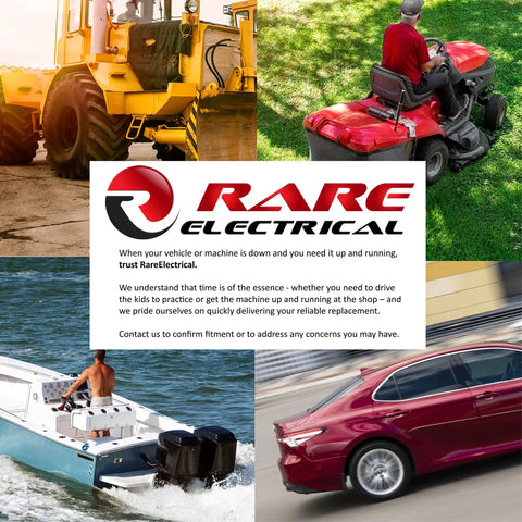 Image showcasing various vehicles: a yellow loader, red lawn mower, boat, and maroon sedan representing Rare Electrical.
