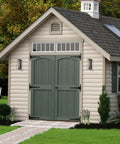 Solid Brass Outdoor Wall Lantern Sconce With Tempered Glass on shed exterior, showcasing weatherproof lighting design.