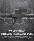 Valve Core Removal Tool For HVAC Quick Recovery And Evacuation, Dual Size Fittings One Quarter Inch And Five Sixteenths Inch In One Tool, R-410A Vacuum Rated To Twenty Microns, Durable Metal Handle shown on concrete texture background.