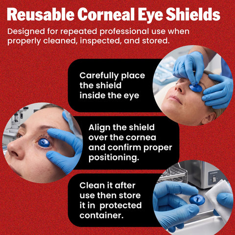 Tough As Nails Stainless Steel Corneal Eye Shields Large 29Mm X 21Mm With Slick Protective Coating Set Of Two in use during eye care.