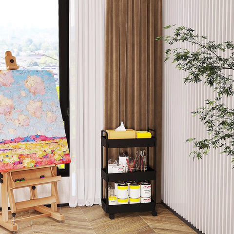 Three Tier Rolling Storage Cart With Adjustable Shelves, Mobile Utility Organizer On Wheels For Kitchen, Bath, And Laundry.