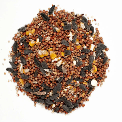 Real Deal Backyard Wild Bird Food Mix Featuring Natural Cherry Flavor And Hearty Sunflower, mixed seed blend on white background.