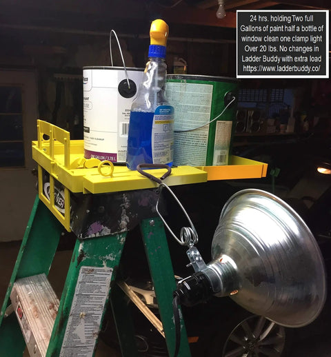 Universal Ladder Tray Rack Fits Extension And Step Ladders Heavy Duty Mid Section Tool Shelf Holds Twenty Pounds with paint cans.