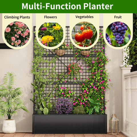 Metal Raised Garden Bed With Built In Trellis And Privacy Screen For Patio 71 Inch By 47.2 Inch By 16 Inch Drainage Holes