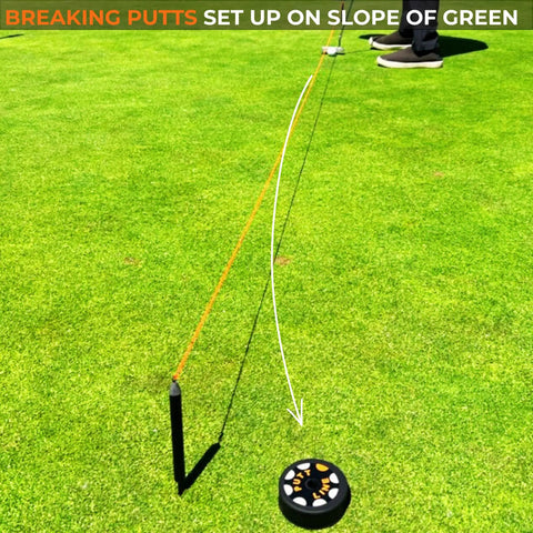 Two-Way Putting Alignment System for golf training with target pucks and string line on green, improving alignment consistency.