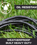 Heavy Duty 12 Gauge Extension Cord With Multi Outlets 100 Foot Black Oil Resistant Jacket lying on wet grass.
