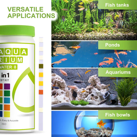 Solid 8 In 1 Aquarium Test Kit For Freshwater And Saltwater features 150 fast snap checks displayed with fish tanks, ponds, and fish bowls.