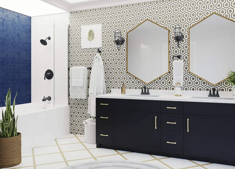 Modern bathroom with dual sinks and Auden 8 Inch Widespread Bathroom Sink Faucet With Two Handles Three Hole Install in Tuscan Bronze Finish.