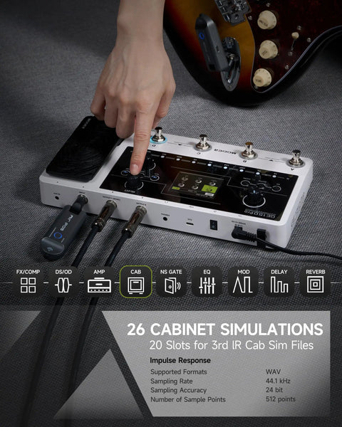 Person using the GE150 Pro Guitar Multi Effects Processor with 200 Presets, 170 Effects on a table, connecting cables.