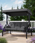 Three Seat Patio Swing With Adjustable Canopy And Stand, Heavy Duty Outdoor Porch Swing For Adults, Grey, on deck with cushions.