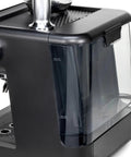 Next Level Semi Automatic Espresso Machine With Built In Grinder Steam Frother featuring a clear water reservoir and sleek black design.