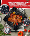 Small Nonstick 3 Piece Grill Basket Set For Vegetables Seafood And Meat Perfect For Grillin And Chillin BBQ On Charcoal Gas And Outdoor Grills Perforated Heavy Duty Grill Pan Easy To Clean Toss And Go with grilled chicken and vegetables