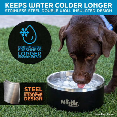 Game Changer Rock Solid Extra Thick Stainless Steel Dog Bowl 64 Oz with ice, insulated design, on grass, dog drinking water.
