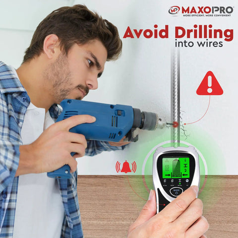 Person using 5 In 1 Stud Finder Wall Scanner With Center Beam Locator And Automatic Calibration next to warning sign.