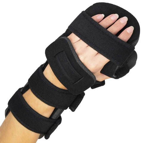 Right Hand Soft Resting Stroke Hand Splint with adjustable straps for flexion contractures, shown on a hand, highlighting comfortable fit.