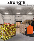 Heavy Duty Nylon Pallet Cargo Hoisting Net Six Foot Square securing a pallet in a warehouse for safe transport.