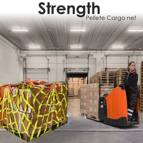 Heavy Duty Nylon Pallet Cargo Hoisting Net Six Foot Square securing a pallet in a warehouse for safe transport.